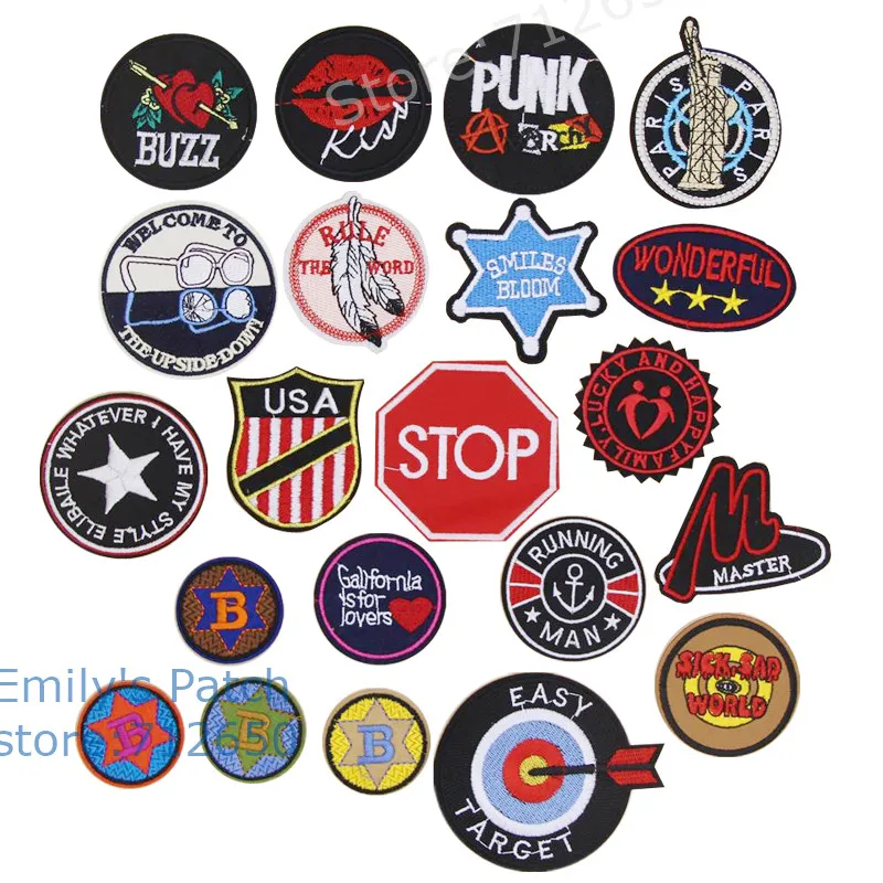 

Free Shipping 10 pcs round shape words Embroidered patch iron on Motif Applique garment hat bag embroidery badges DIY accessory