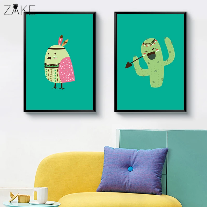 

Cartoon Cactus Owl Feather Canvas Art Cute Posters Nursery Prints Painting Wall Picture Baby Room Girls Decoration