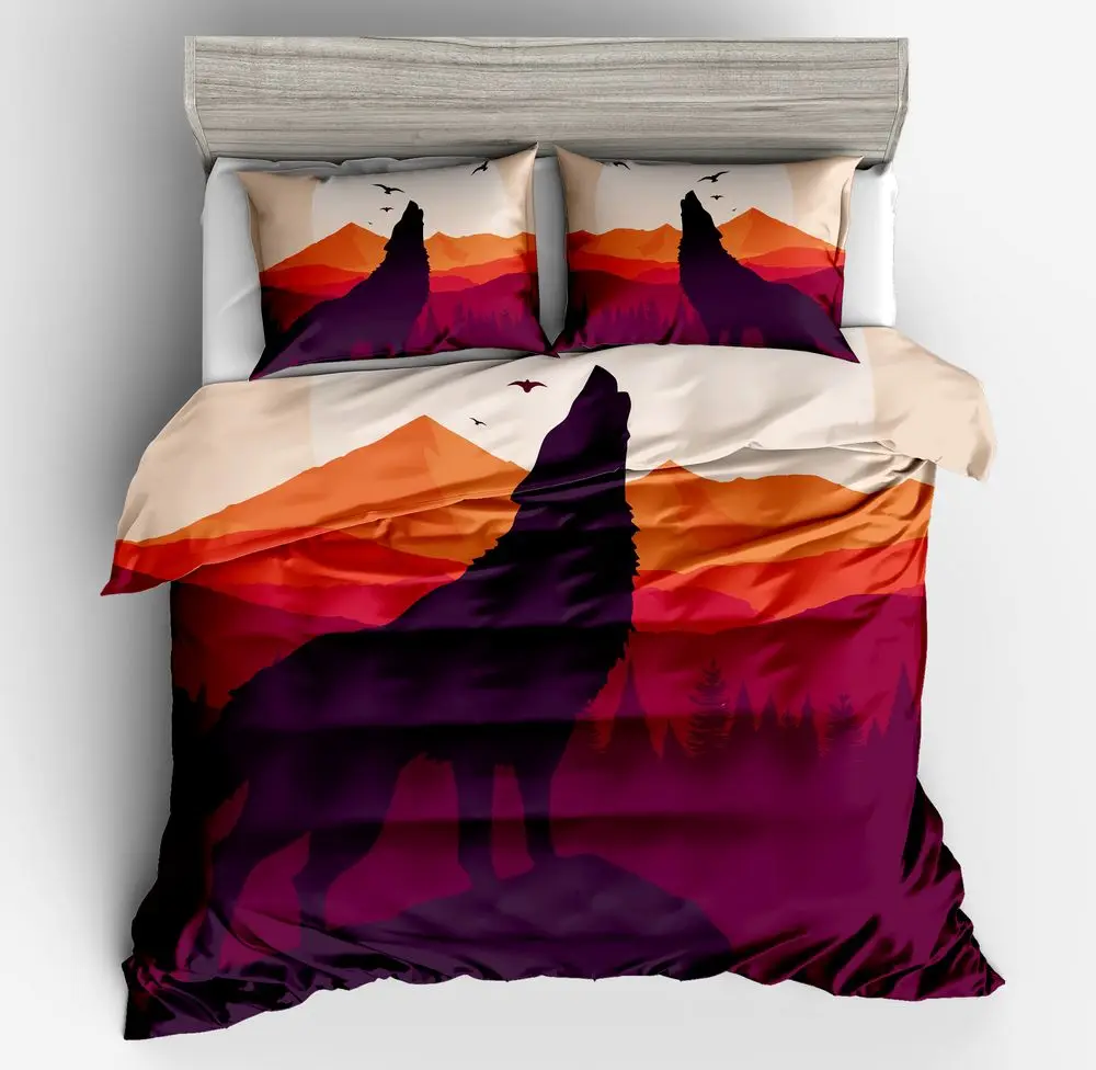 Lai Yin Sun Drop shipping Duvet cover sets Pillow cases Cartoon Cartoon Lone Wolf howling at Full Moon 3d Bed set Dusk