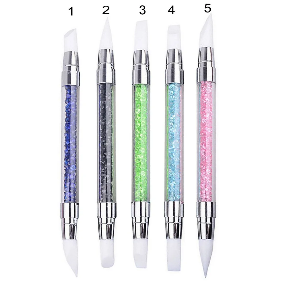 1 PCS 2-Way Use Silicone Head Nail Art Brush Rhinestone Acrylic Handle Dual-end Sculpture Pens for Emboss Carving Manicure Tools