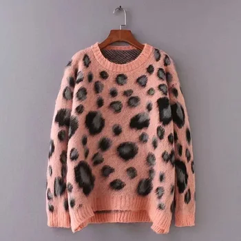 

Korean Autumn Winter Fashion Leopard Pattern Coat Loose Bottoming Sweater Long Sleeves Round Collar Pullover Woman