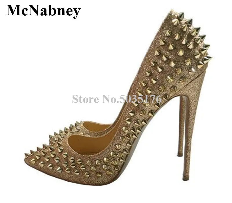 

2019 European Fashion Newest Gold Bling Rivet Pointed Toe Pumps Slip-On Shallow High Heel Stiletto Heel Pumps Dress Women Shoes