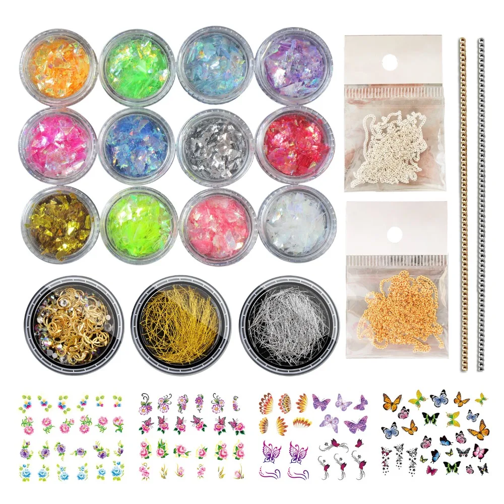 

Bittb 12 Colors Nail Glitter Sequins 3D Nail Rhinestones Accessories Gold Chain Studs Charms Nails Art Jewelry DIY Manicure Kits