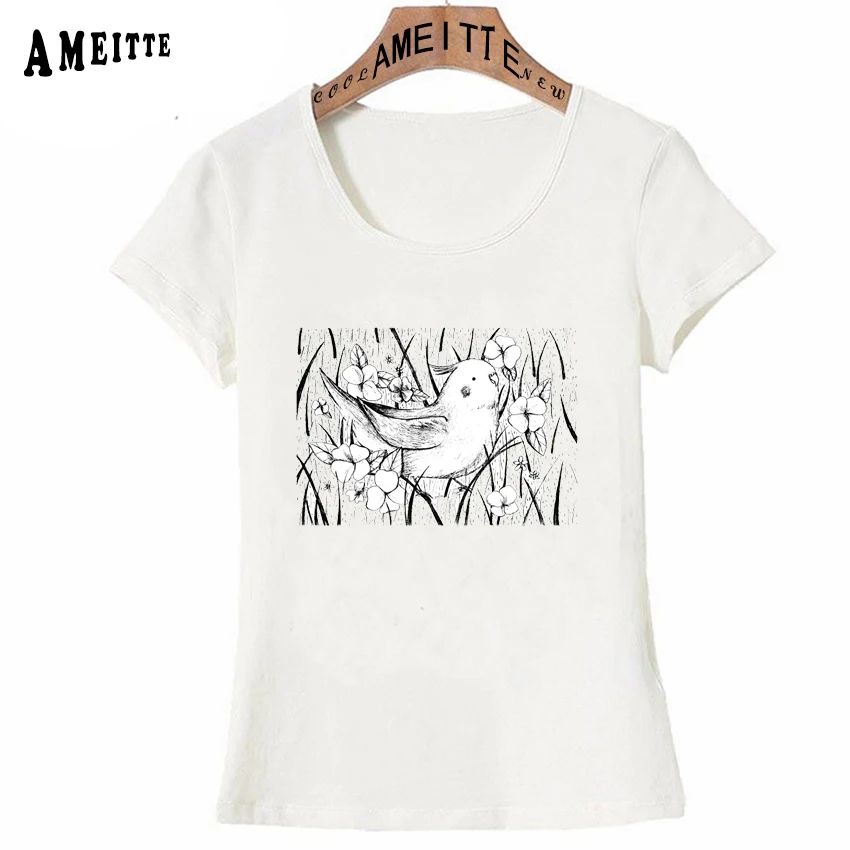 

New Summer Fashion Women T-shirt Lovely Cockatiel Painting T-Shirt Cute Girl Casual Tops Funny Bird Black Print Woman Tees