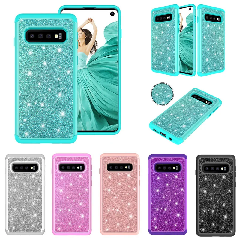 

Luxury 2 in 1 PC+TPU Glitter Smartphone Silicone Cover Back Skins Shell Coque Funda for Samsung Galaxy S10 S10E S10 Plus Case