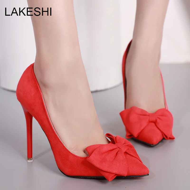 LAKESHI Women Pumps Brand Women Shoes High Heels Bowtie Sexy Thin Heel