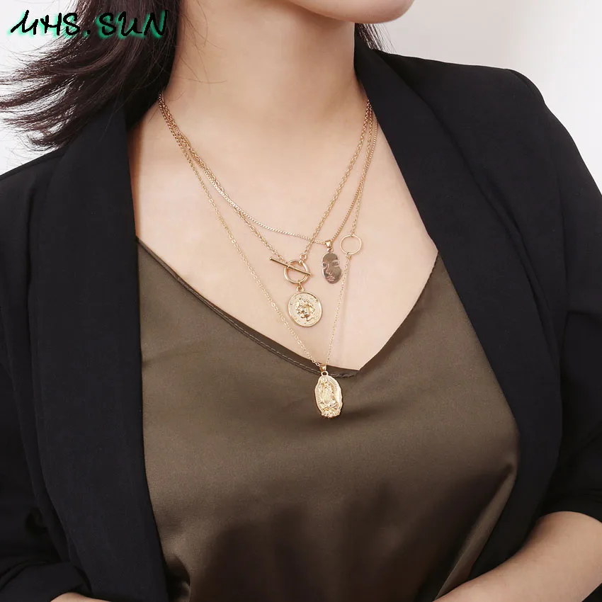 

MHS.SUN Fashion Women Chain Necklace Exaggerated Layered Necklace Silver/Gold Color European Jewelry Necklace All-Match Design