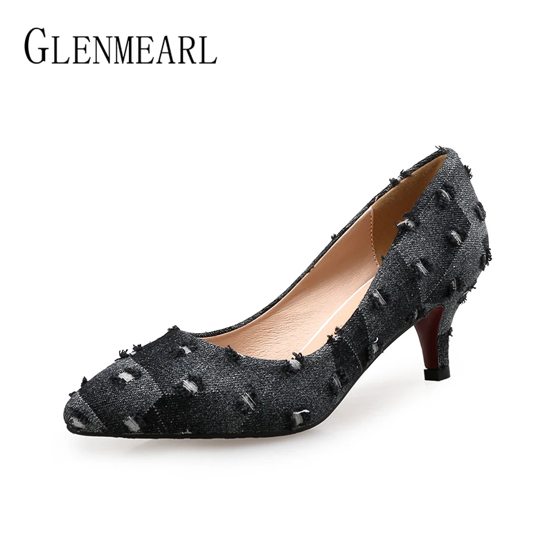 Women Pumps High Heels Shoes Female Casual Thin Heel Denim Ladies Shoe Fashion Slip On Pointed Toe Party Shoes Heels Plus Size