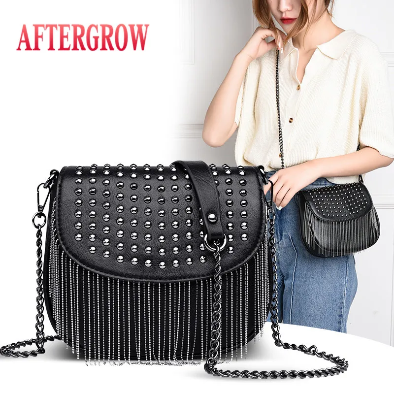 

Fashion Summer Women Shoulder Bag Black Leather Punk Style Rivet Metal Tassel Chain Messenger Bags Female Handbag Sac de selle