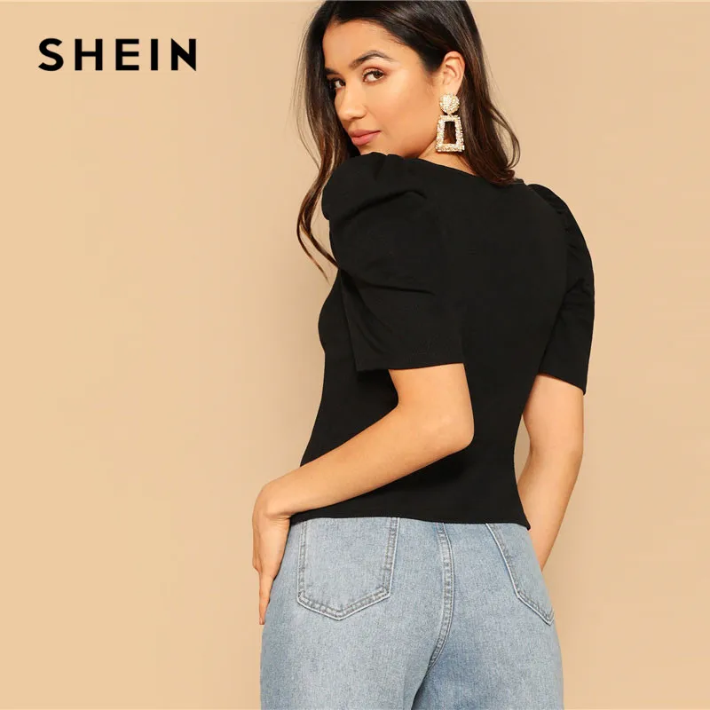 SHEIN الأسود السيدات V-قطع الجبهة نفخة كم التي شيرت 2019 الصيف النساء أنيقة الشارع الشهير مربع طوق صالح سليم تيز