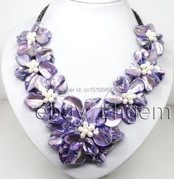 

FREE SHIPPING>>fashion deep violet shell white pearl bead shell flower pendant necklace 18"long
