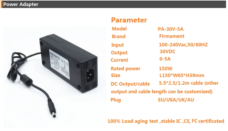 Posto para Fora do Transformador Fonte de Alimentação 30vdc Carregador 150 w 30 v 5a Adaptador Ac e dc 100 240vac Entrada 5.5 2.5 e 5.5 2.1 dc 30 v 2 30VDC carregador, 150 w 30 v 5A