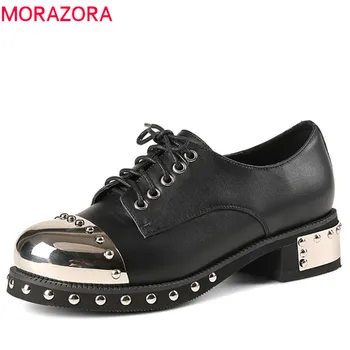 

MORAZORA 2018 hot woman pumps spring summer top quality genuine leather fashion shoes lace up punk rivet round toe casual shoes