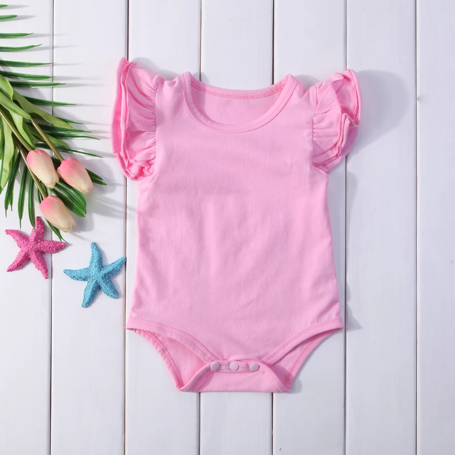Летняя хлопковая одежда для малышей; однотонные Ползунки с оборками для маленьких девочек; комплекты с короткими рукавами; комбинезон; одежда - Цвет: Розовый