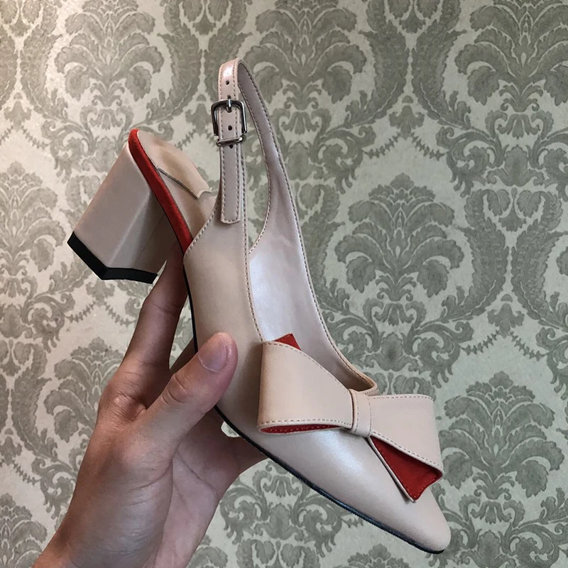 

Kmeioo Hot Sale Sheepskin Shoes Woman Sweet Knot Sandals Pointed Toe Block Heels Women Back Strap Sandals Nude White Casal Shoe