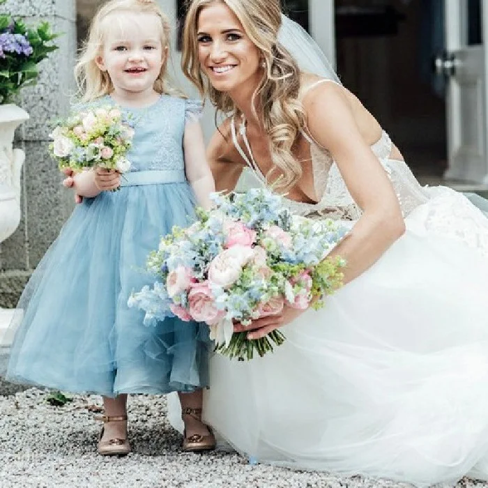 Платье с цветочным узором в синюю коробку для девочек с украшениями на плечах; Vestidos de Comunion; коллекция года; детское платье на свадьбу; платье на пуговицах длиной до щиколотки - Цвет: Style A