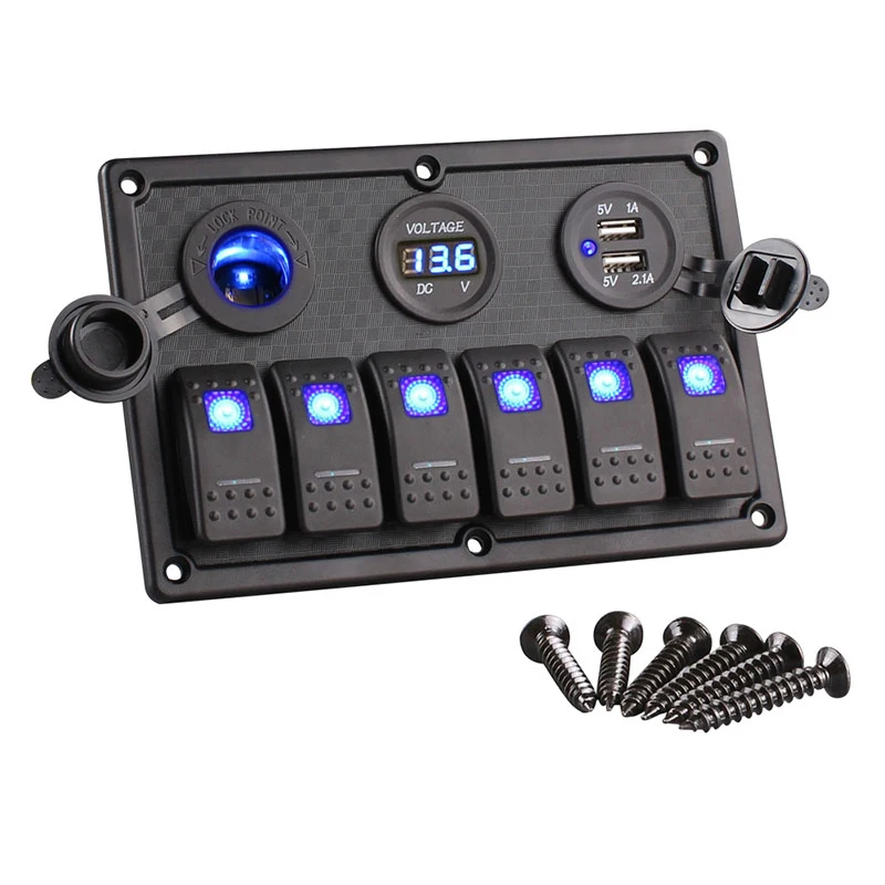 6 Gang Boat Rocker Switch Panel LED Switch USB Marine Switch Panel Dual