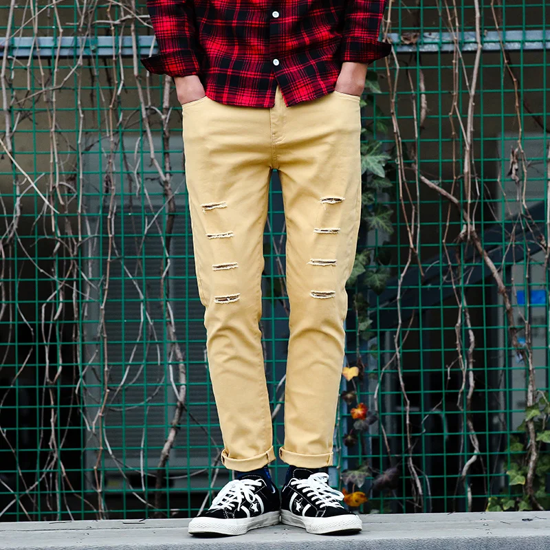 

New 2019 Fashion Spring Casual Hip Hop Black Men's Water Ripped Holes Two color Cowboy Leisure Slim Fit Pants Trousers Men