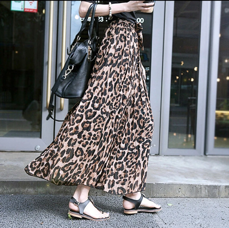 Skup Stinlicher moda damska letnia plaża Leopard Casual szyfonowa spódnica Max długie plisowane spódnica damska w pasie długa spódnica