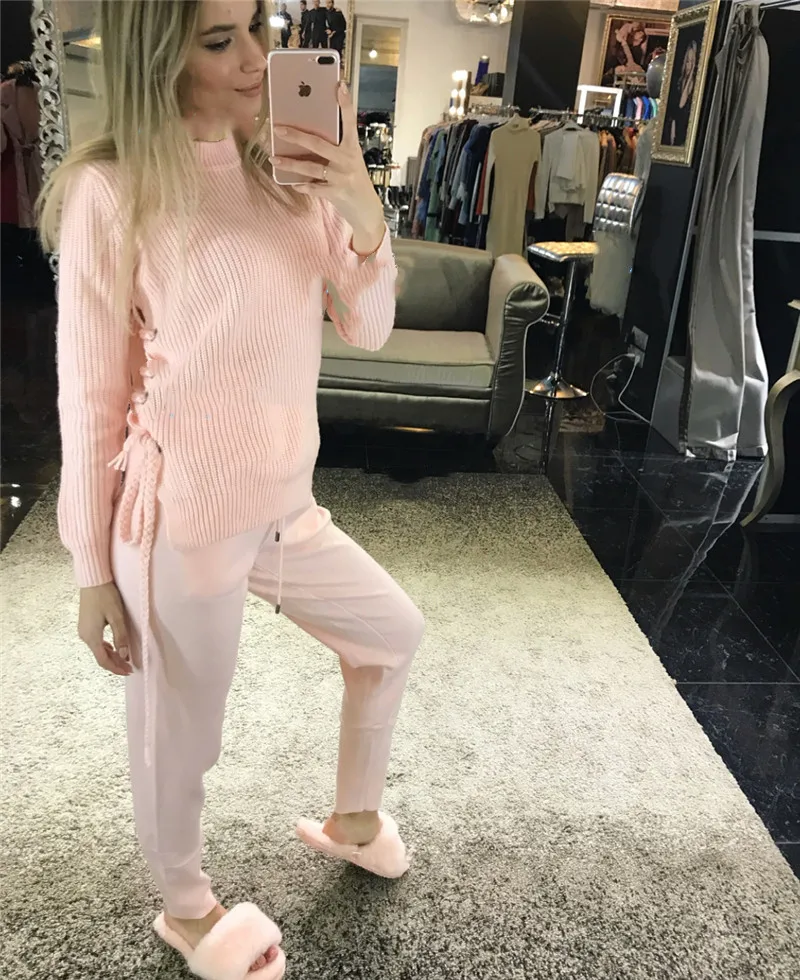 

2019 Pullover Rushed O-neck Wool Full Women Sweater New Woman Cashmere 2 Piece Suit Elegant Tie Knit Trousers Two-piece Female