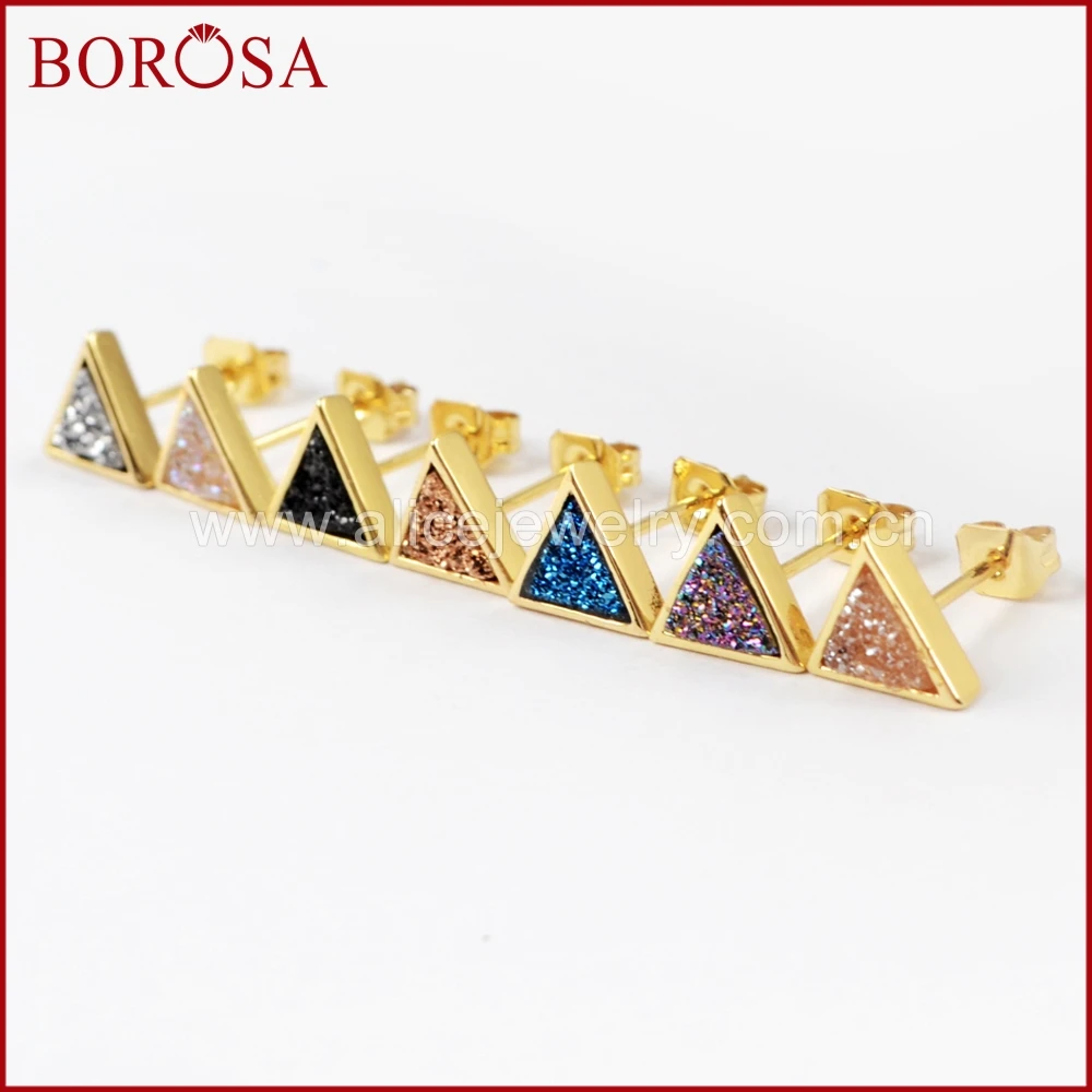 BOROSA 5/10 пар треугольник золотой цвет Радуга титановая Друза серьги гвоздики