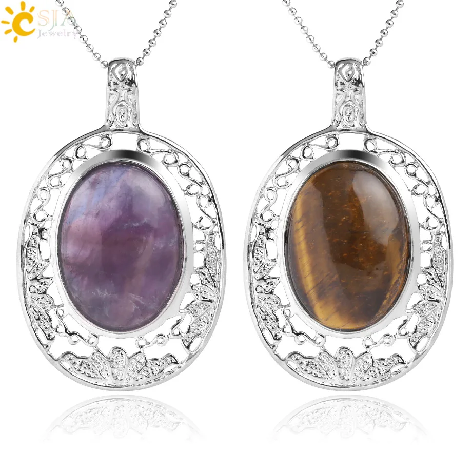

CSJA Natural Stone Pendants Necklaces Tiger Eye Pink Quartz Purple Crystal Oval Beads Hollow Silver Color Pendant Women Men G044
