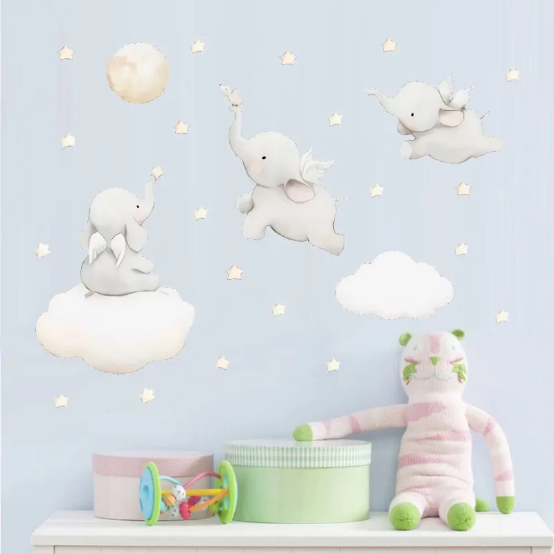 Акварельные настенные наклейки со слоном и звездами, облаками, веселые Мультяшные настенные наклейки с животными для детской комнаты, спальни, домашний декор JH2061