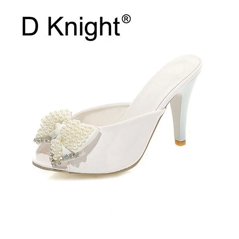 

Fashion Open Toe High Heels Women Slippers Elegant Patent Leather String Beaded Bow Slippers For Women Size 34-42 Ladies Slides