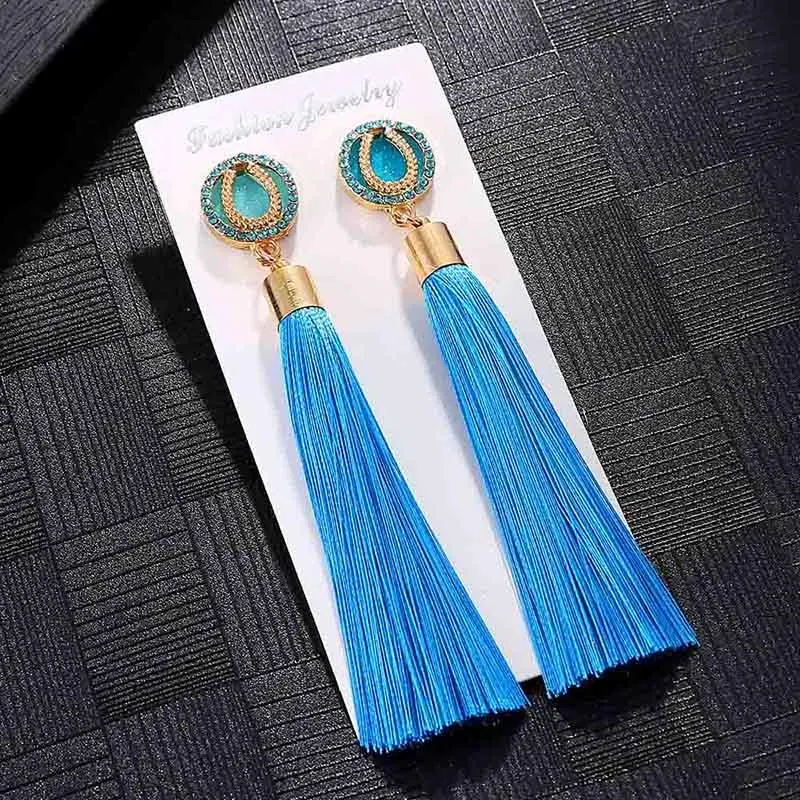 E6076 Trendy Earrings Drop Earrings SilkAlloyDangleLongBohemianBlueOrangeMetalBohoGold Tassel Earrings For Women Jewelry