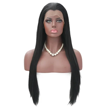 JOY&BEAUTY 22-28 Inch Long Silky Straight Black Synthetic Lace Front Wig Glueless Heat Resistant Fiber For Black White Women Wig 6