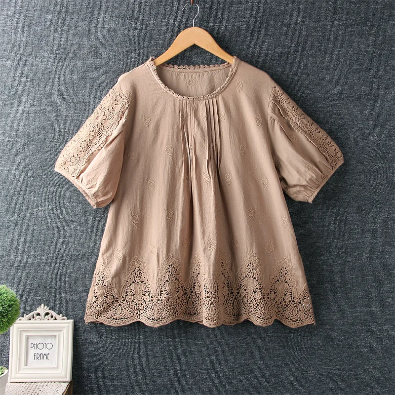 

Sweet Mori Girl O-Neck Hollow Embroidered Pullover Cotton Doll Shirt Short Sleeve Womens Blouses Ladies Tops Lolita Tunic Shirt