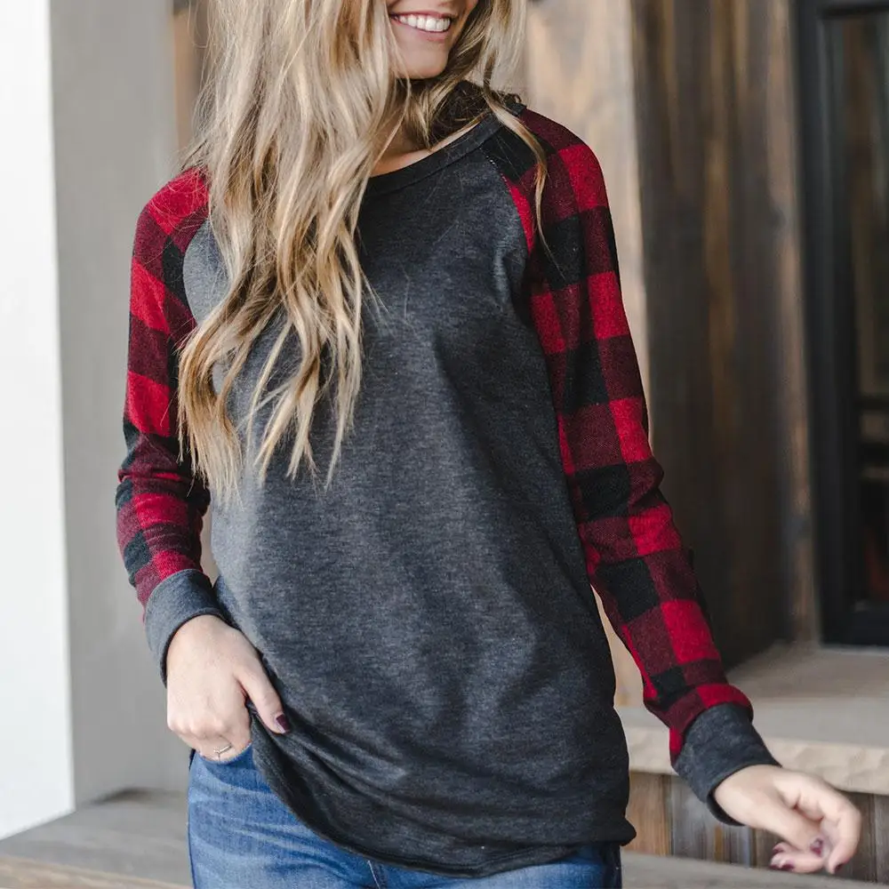 3 Colors Fashion Women T-Shirt Plaid Splicing Long Sleeve O-Neck Spring Autumn Female Causal Loose Ladies Tops Tee | Женская одежда