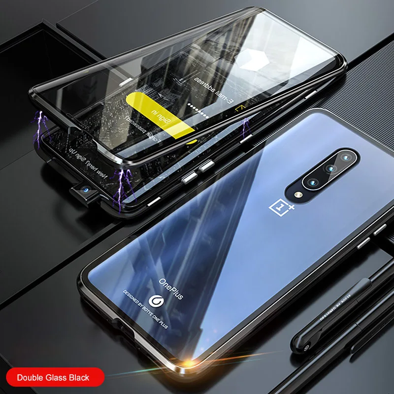 Магнитный адсорбционный чехол для телефона OnePlus 7 Pro One Plus 7 Pro двойной металлический бампер из закаленного стекла чехол для Oneplus 7 1+ 7 - Цвет: Black