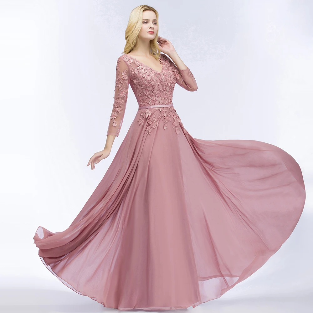 Gorgeous Three Quarter Sleeve Pink Lace Evening Dress Long Sexy V Back Evening Gowns with Sashes Robe de Soiree Longue