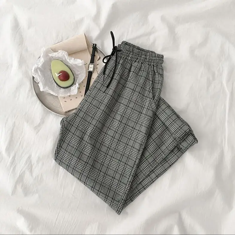

Summer new women's elastic high waist casual pants loose plaid straight pants