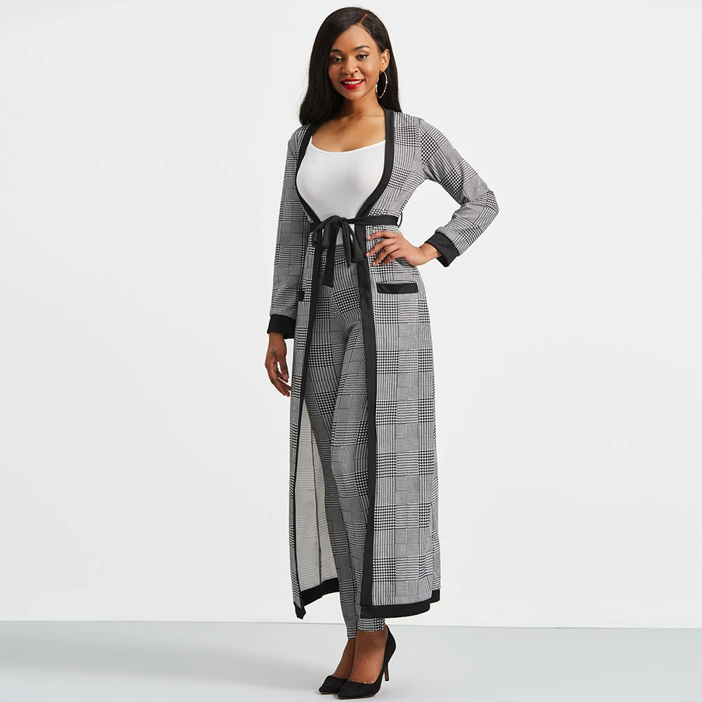Clocolor 3 Piece Set 2018 Autumn Winter New Houndstooth Jacket Crop top And Pants Set Woman Suits Lady Suit Office Trench Coat Women's Sets
