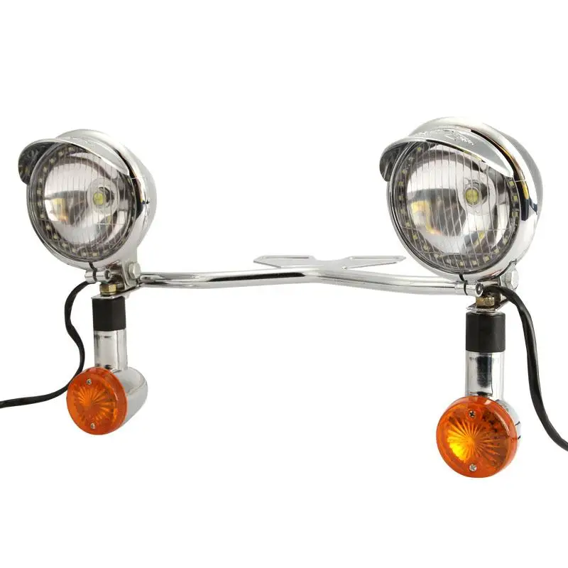 1 Set Chrome Universal Motorcycle Front Headlight Steel Bar Bullet Turn