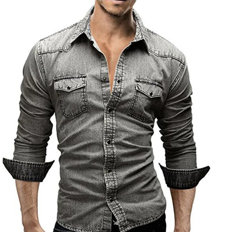 HU&GH M-3XL Men Shirt Jeans Camisa Masculina Male Long Sleeve Casual Denim Slim Fit Dress Shirts Chemise Homme Men`s Denim Shirt (1)