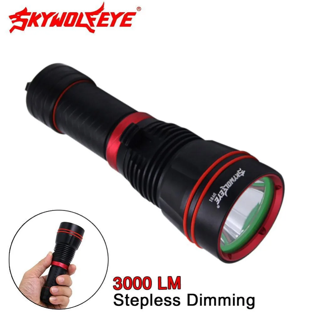 

Genuine SKYWOLFEYE LED Flashlight 3000 Lumens Professional LED Diving Flashlight Underwater Distance Max to 200m Powerful Torch