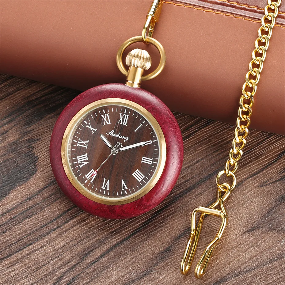 Red Wood Quartz Pocket Watch Luxury Gold Punk Pendant Chain Roman Numerals Display Vintage Watches Antique Gifts Men Women