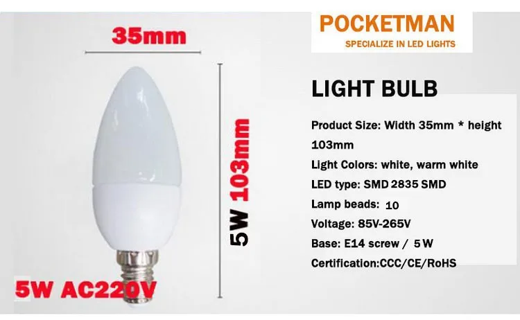 1 шт./лот светодиодный свеча светильник 2835SMD лампа высокой яркости 5 вт E14 AC220V 230V 240V холодный белый/теплый белый