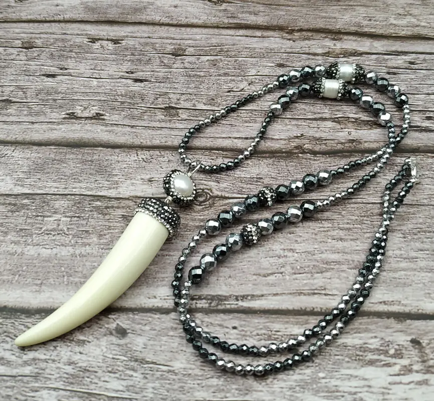 

YA3921 Pave CZ Crystal Horn Pendant Pearl Charm Hematite Stone Beads Necklace 30inch long