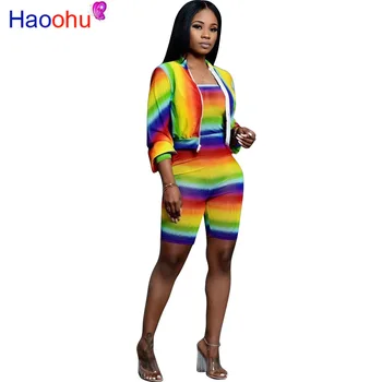 

Rainbow Striped Sexy Two Pieces Sets Women Festival Clothing Long Sleeve Short Coat And Strapless Skinny Short Playsuit Outfits