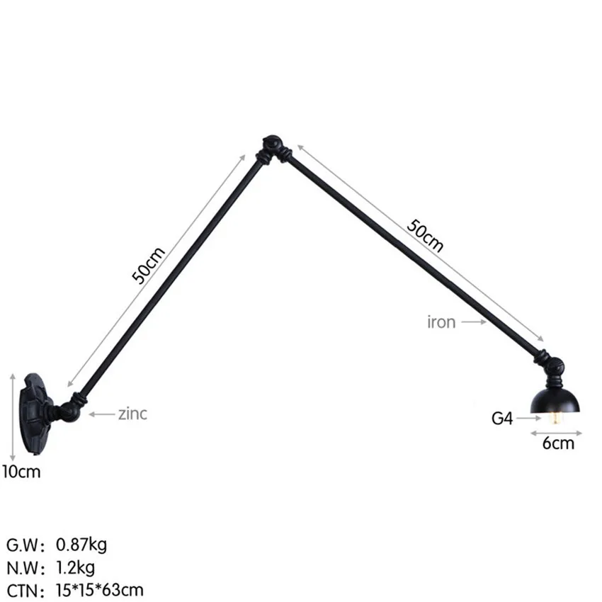 Американское промышленное телескопическое складывание светодиодный настенный светильник Лофт Винтаж длинная рука бра, настенные светильники железа двойной фестиваль освещение - Цвет абажура: 50cm