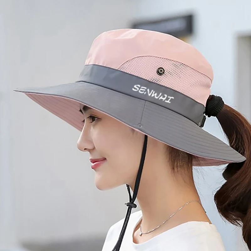 Outdoor Hiking Wide Brim Bucket Hat Women Quick Drying Breathable Packable Sunshade UV-proof Ponytail Cap With Chain Strap