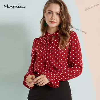Mostnica Women Noble Burgundy Polka Dot Summer Blouses Chiffon Office Ladies Shirts Long Lantern Sleeves Bow Tie Evening Blouse grey self tie design bell sleeves chiffon blouse