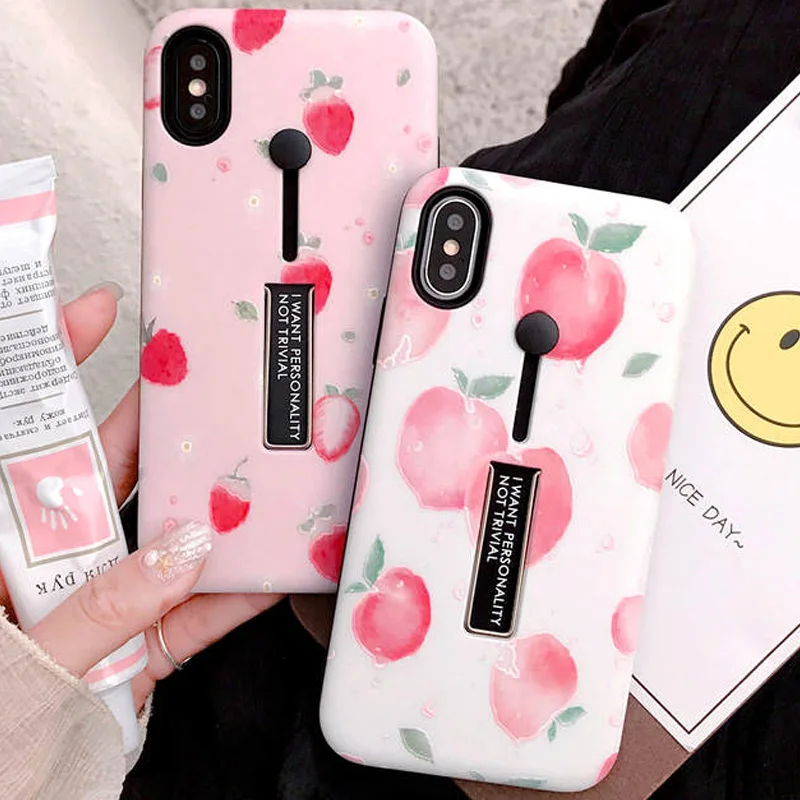 

Peach Strawberry Loop Ring Case for Apple iPhone XR X 6 6S 7 8 Plus Fruit Hide Ring Holder Stand Cover for iPhone XS 11 Pro Max