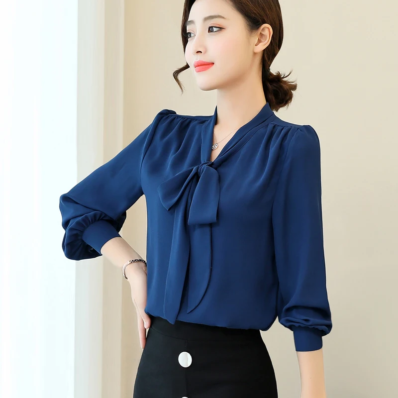 Новая рубашка Весна Осень женские шифоновые рубашки одежда Топы с бантом модная блузка повседневные блузки с длинным рукавом Большие размеры