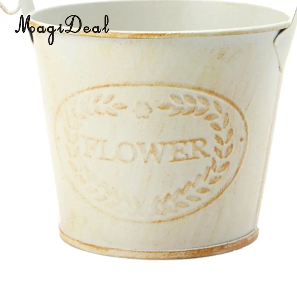 2pcs Round Galvanized Metal Buckets Plants Flower Decorative Vases with Rope