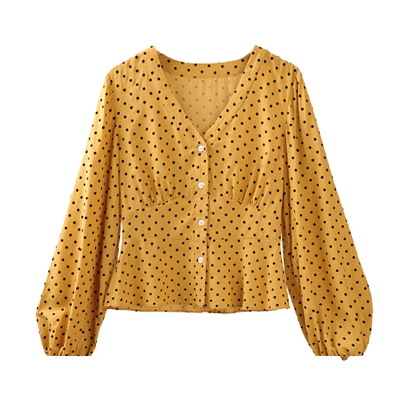 

PERHAPS U pink yellow polka dot button shirt blouse top women v neck B0208